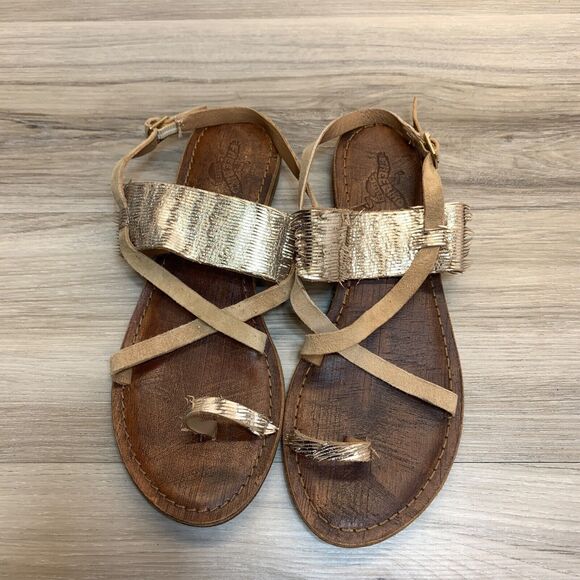 Freebird by Steven Ocean Beige Metallic US Sz 38 Flat Gladiator Sandals Toe Loop - Picture 6 of 10